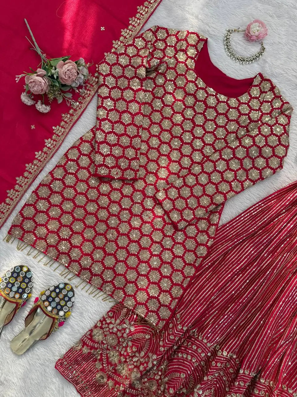 Blush Pink Faux Georgette Embroidered Sharara Set with Dupatta