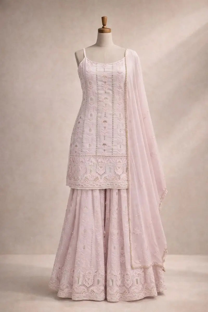 Blush Pink Faux Georgette Embroidered Sharara Set with Dupatta