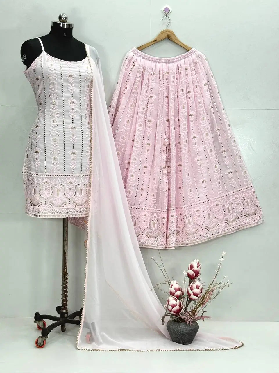 Blush Pink Faux Georgette Embroidered Sharara Set with Dupatta