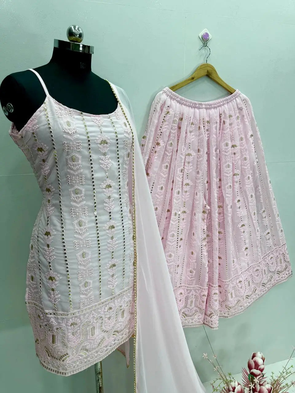 Blush Pink Faux Georgette Embroidered Sharara Set with Dupatta