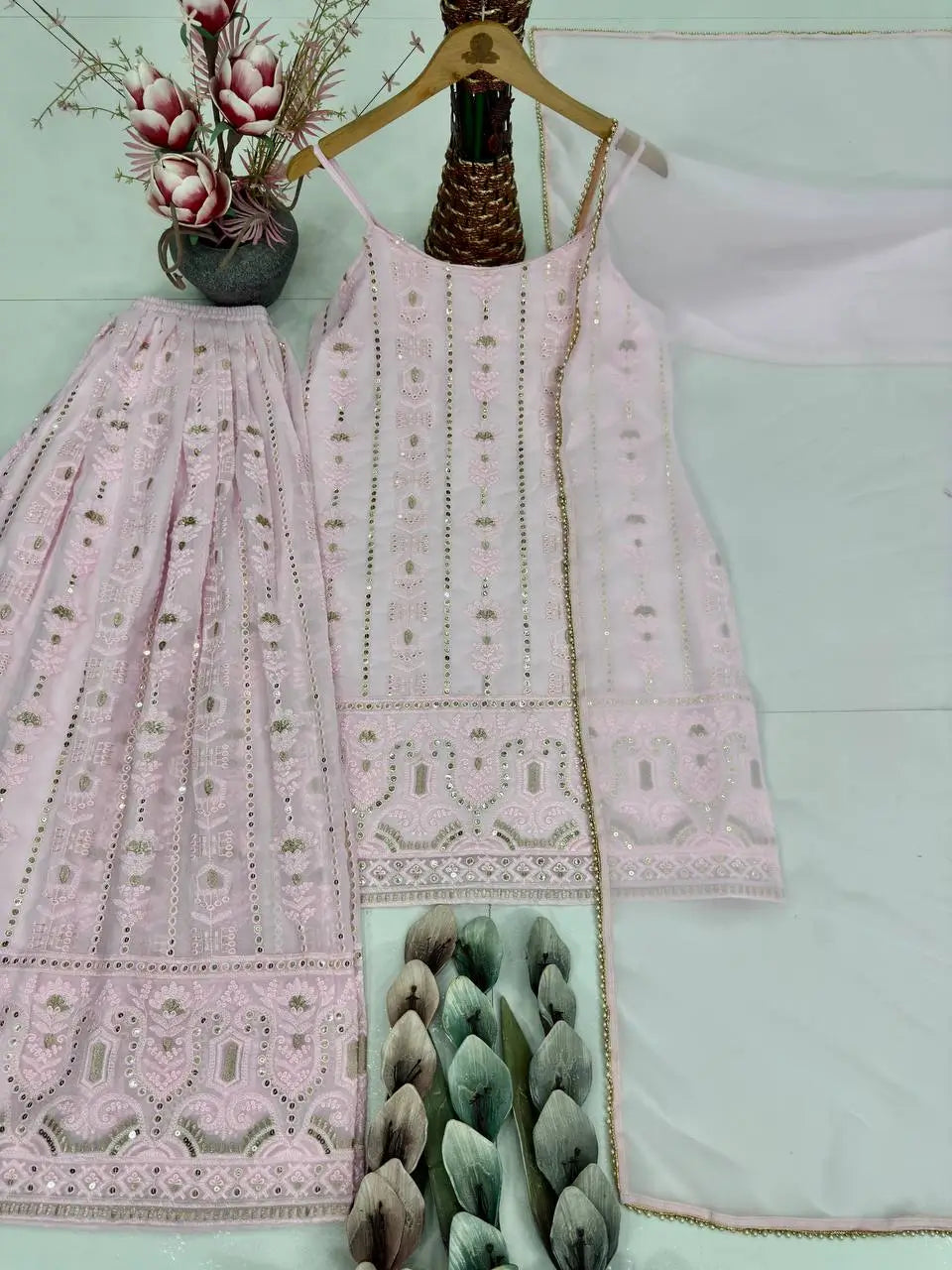 Blush Pink Faux Georgette Embroidered Sharara Set with Dupatta