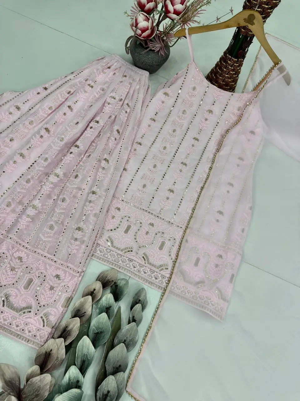Blush Pink Faux Georgette Embroidered Sharara Set with Dupatta