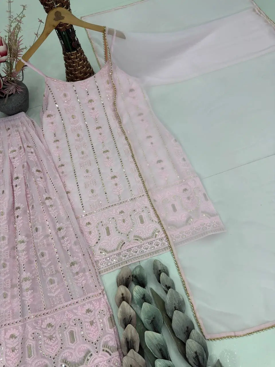 Blush Pink Faux Georgette Embroidered Sharara Set with Dupatta
