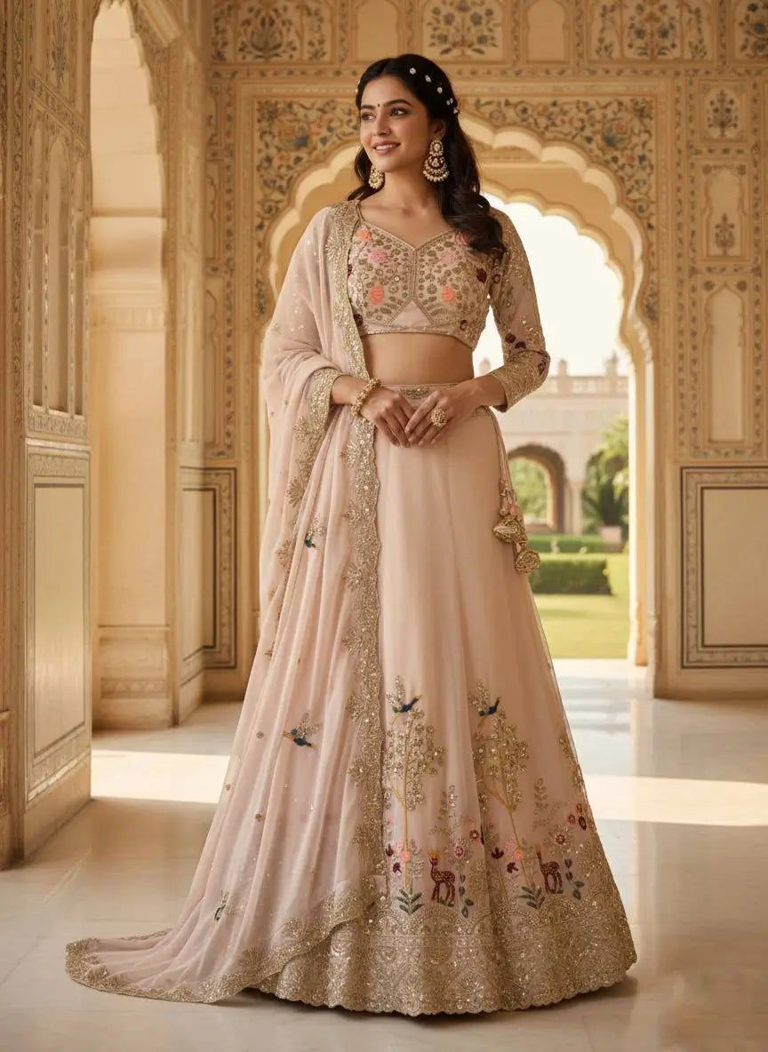Blush Pink Floral Embroidered Faux Georgette Lehenga Set with 4 Meter Flare