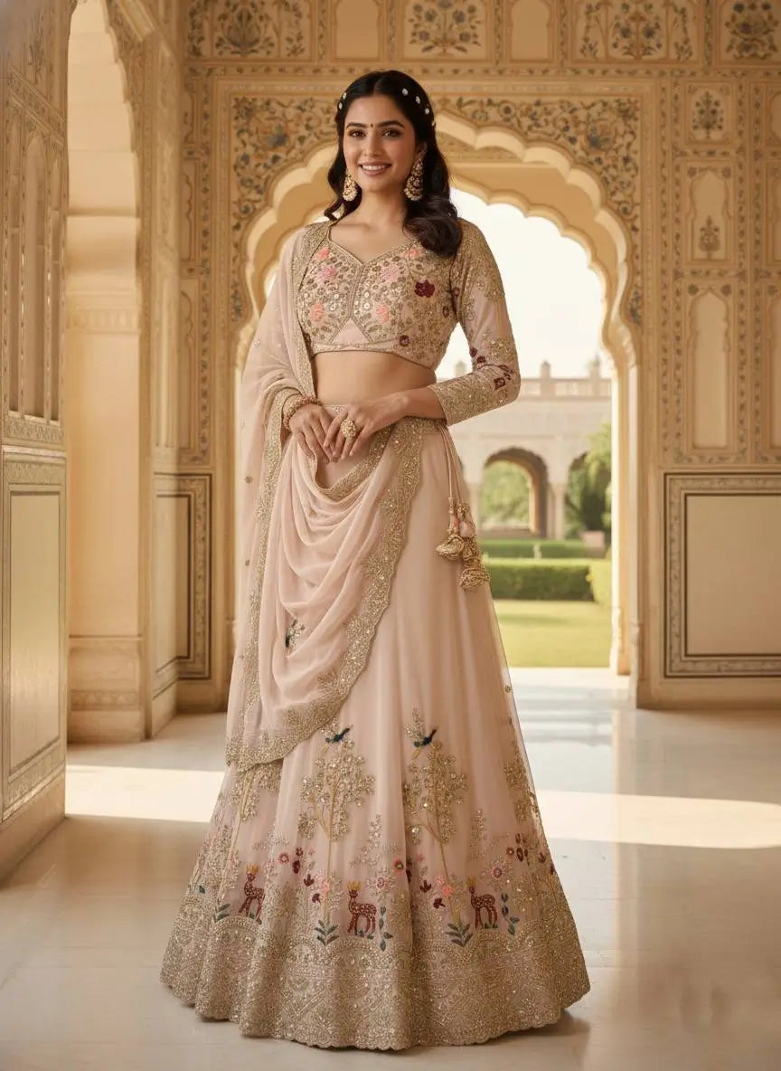 Blush Pink Floral Embroidered Faux Georgette Lehenga Set with 4 Meter Flare