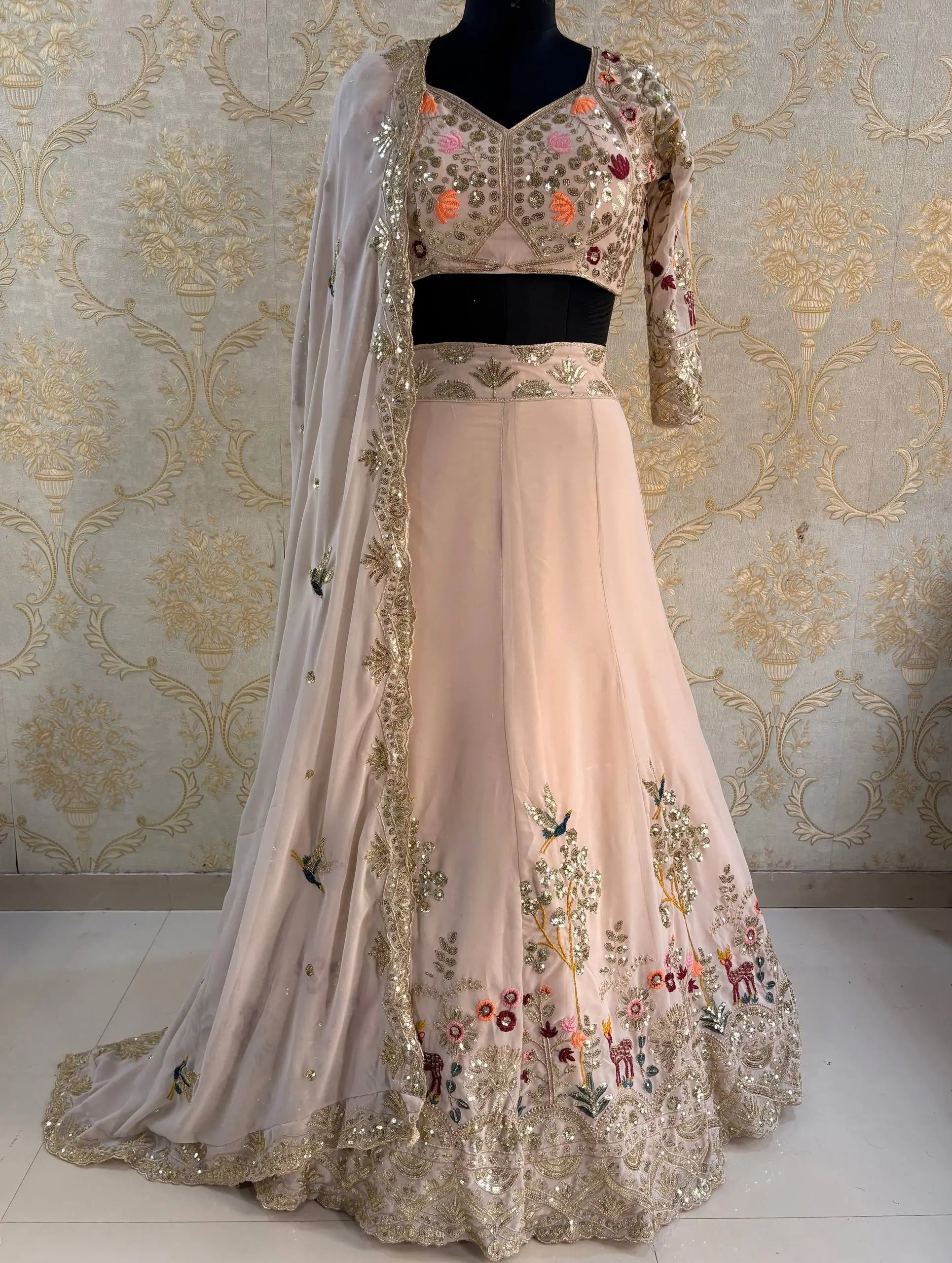 Blush Pink Floral Embroidered Faux Georgette Lehenga Set with 4 Meter Flare
