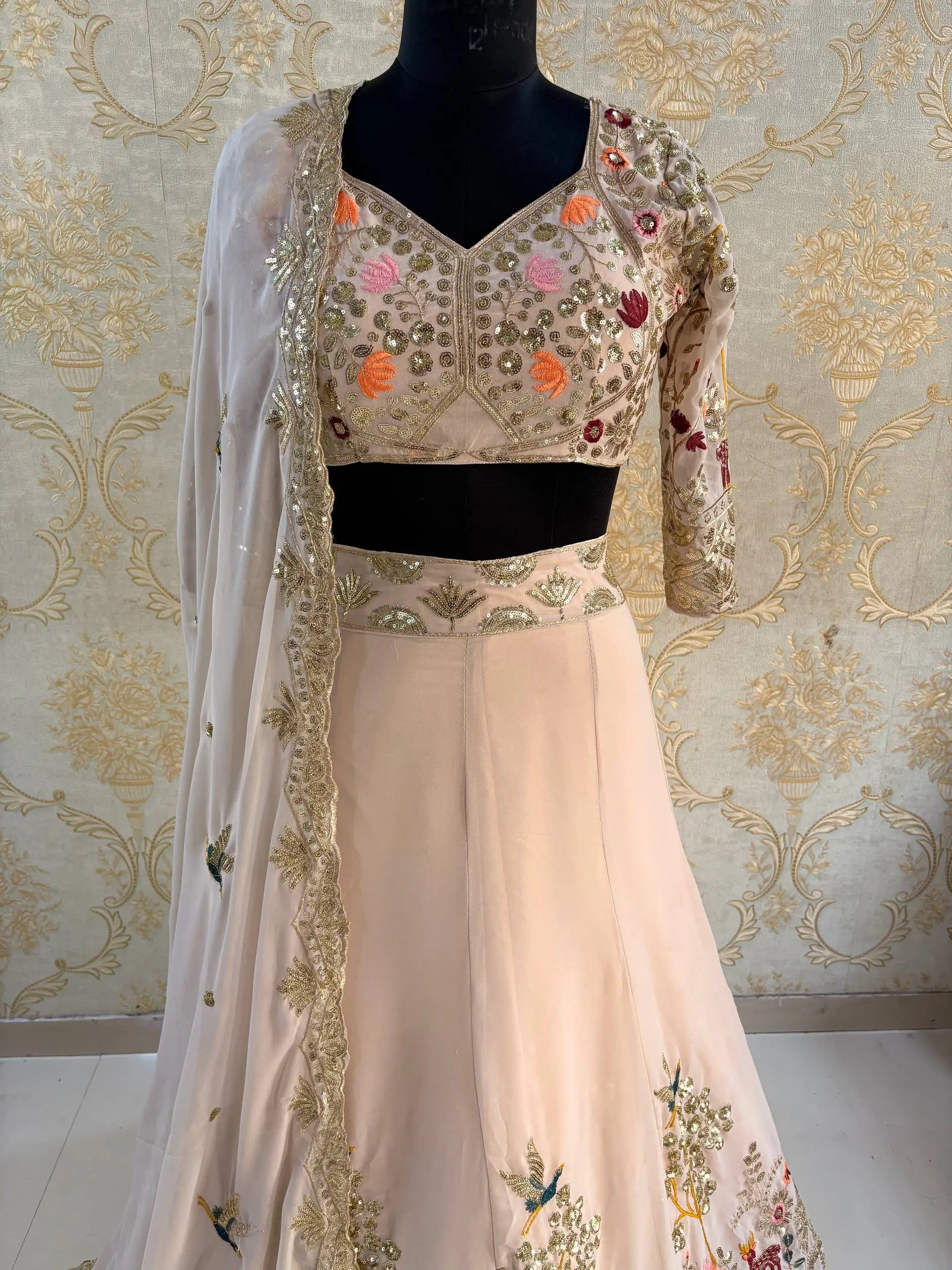 Blush Pink Floral Embroidered Faux Georgette Lehenga Set with 4 Meter Flare