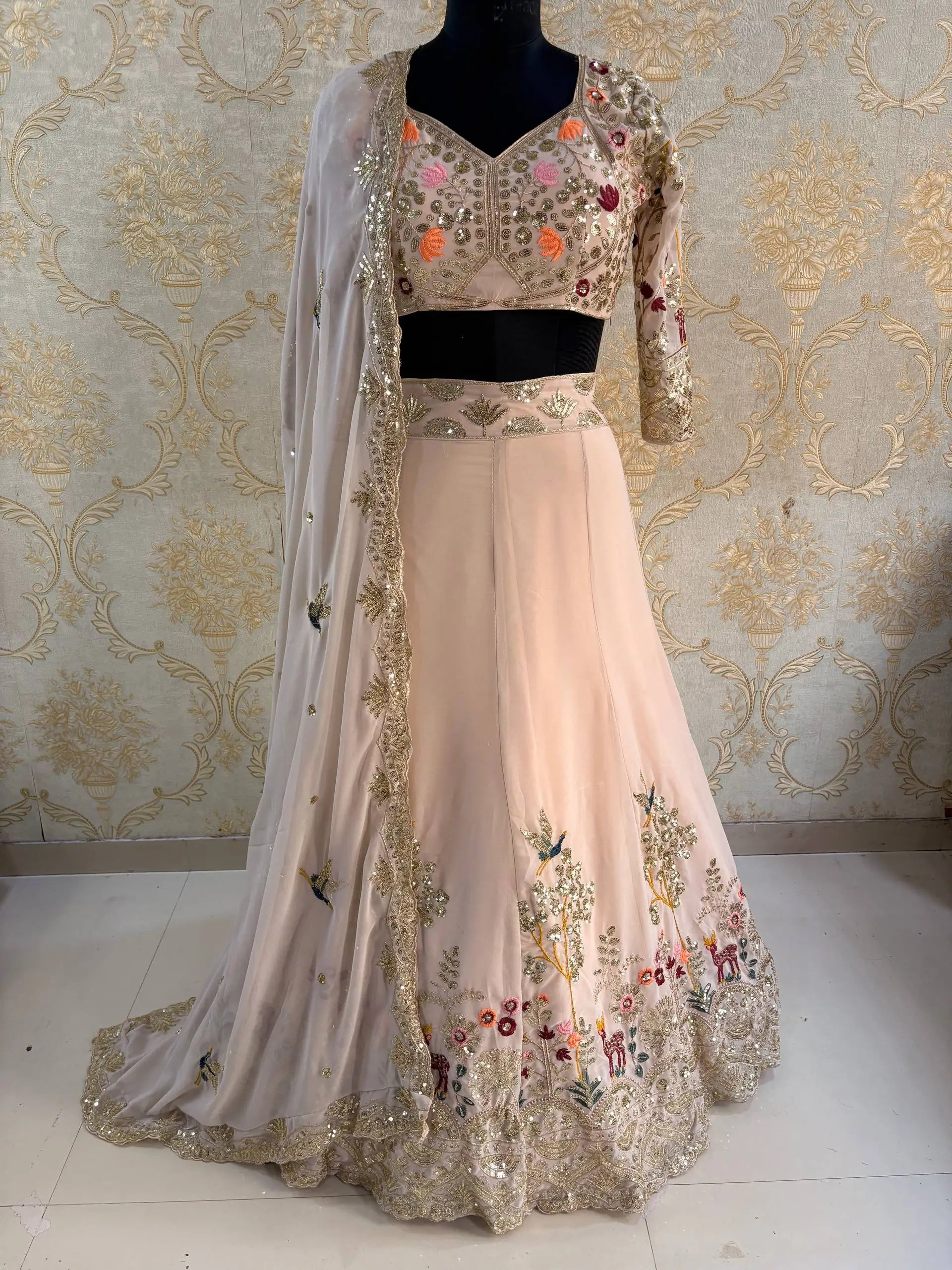 Blush Pink Floral Embroidered Faux Georgette Lehenga Set with 4 Meter Flare
