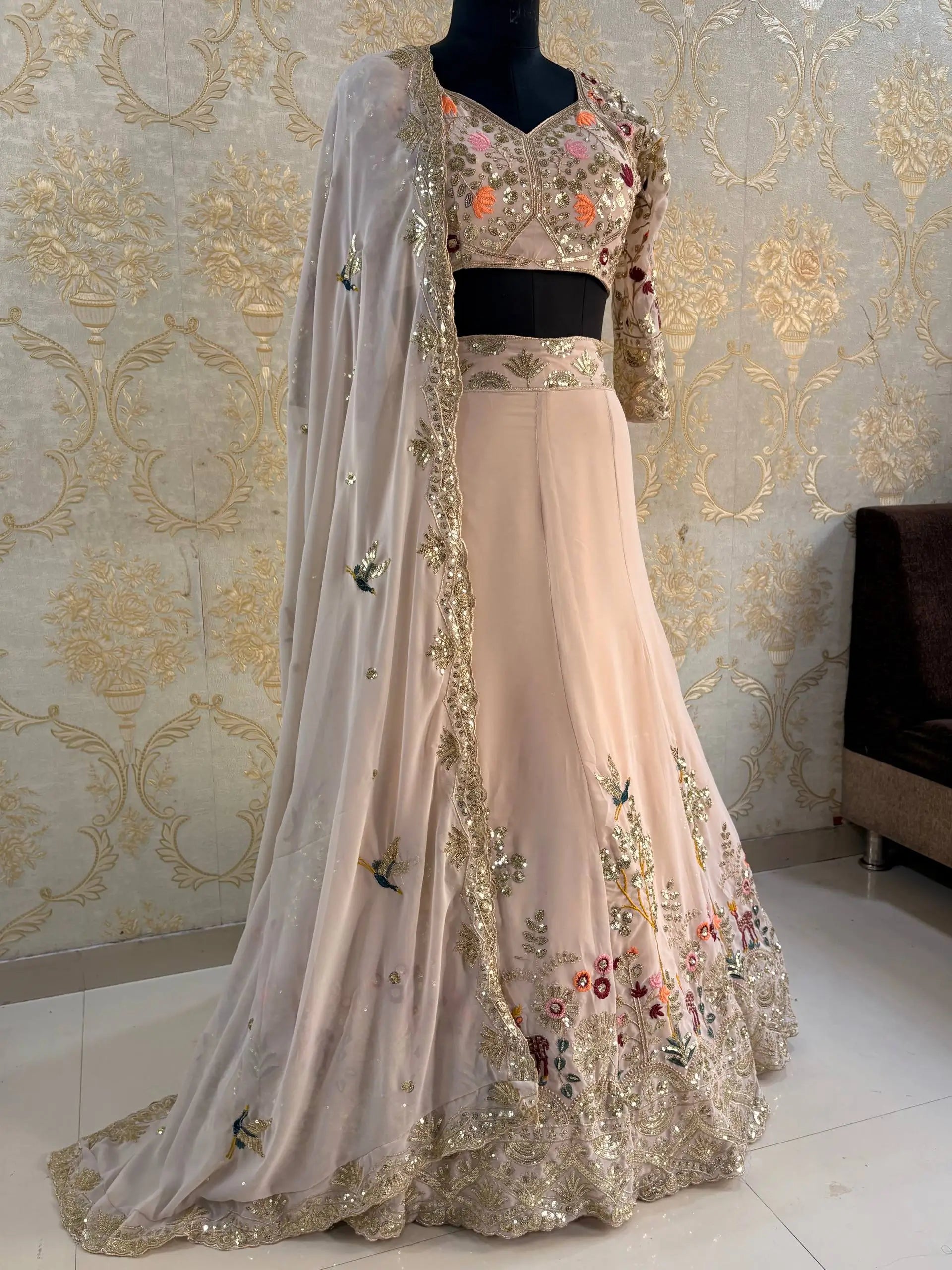 Blush Pink Floral Embroidered Faux Georgette Lehenga Set with 4 Meter Flare