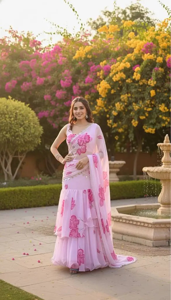 Blush Pink Floral Frill Ready-to-Wear Saree