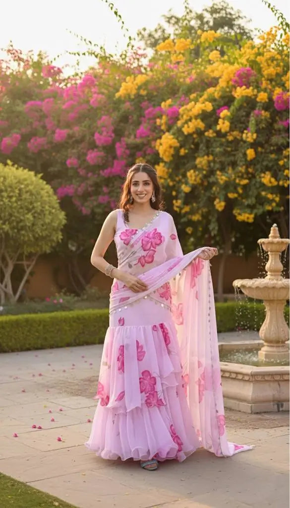 Blush Pink Floral Frill Ready-to-Wear Saree