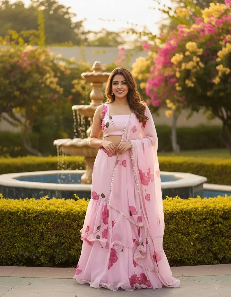 Blush Pink Floral Frill Ready-to-Wear Saree