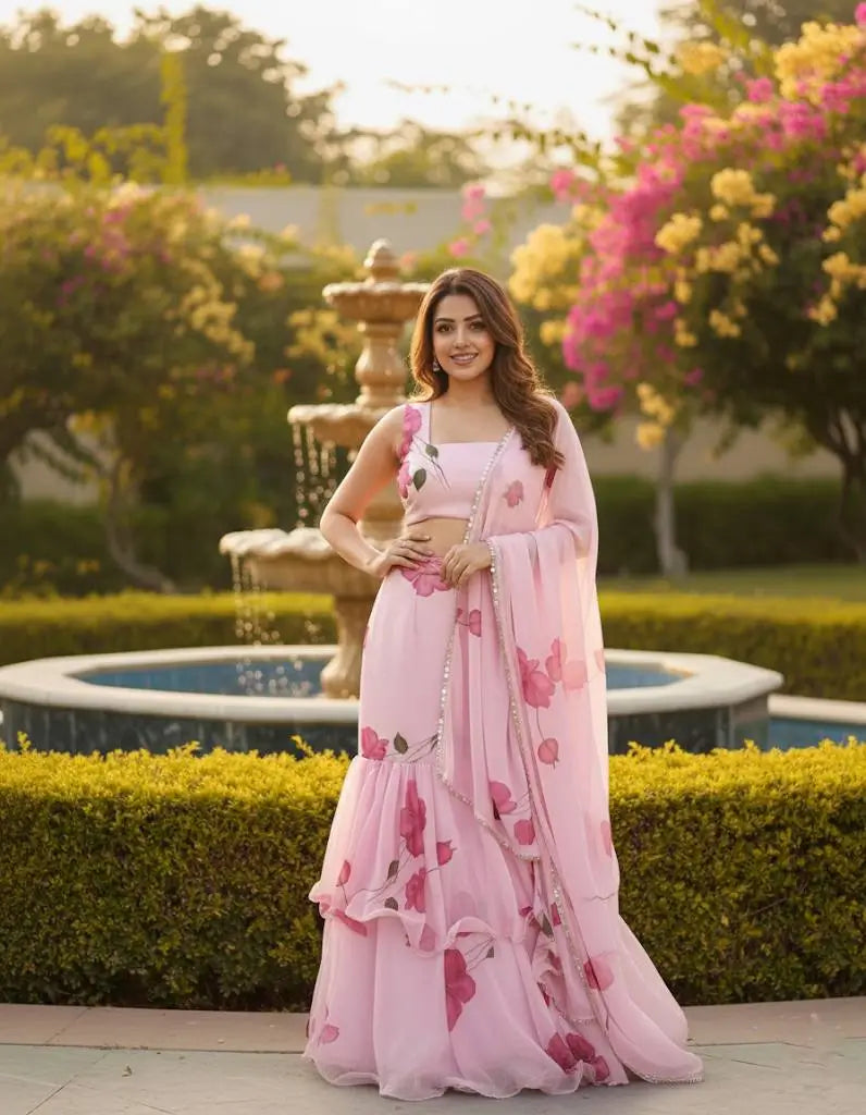 Blush Pink Floral Frill Ready-to-Wear Saree
