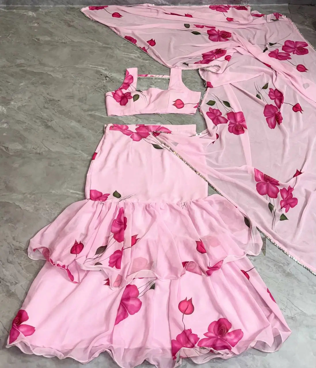 Blush Pink Floral Frill Ready-to-Wear Saree