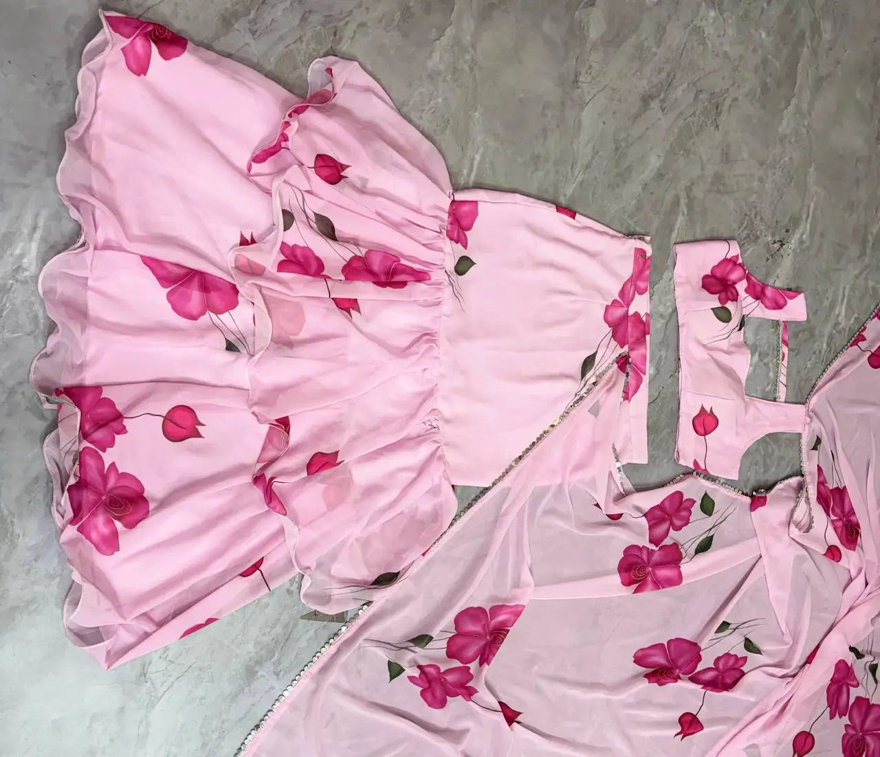 Blush Pink Floral Frill Ready-to-Wear Saree