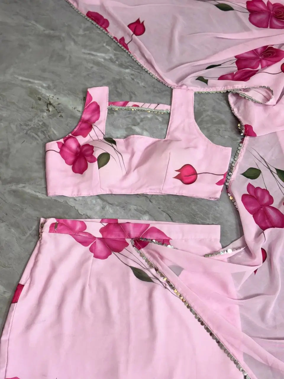Blush Pink Floral Frill Ready-to-Wear Saree