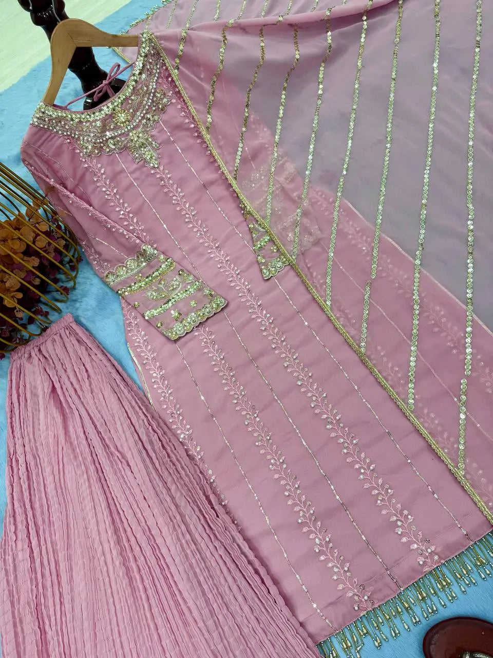 Blush Pink Heavy Faux Georgette Palazzo Set with Sequins & Rivet Moti Work