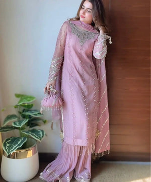 Blush Pink Heavy Faux Georgette Palazzo Set with Sequins & Rivet Moti Work