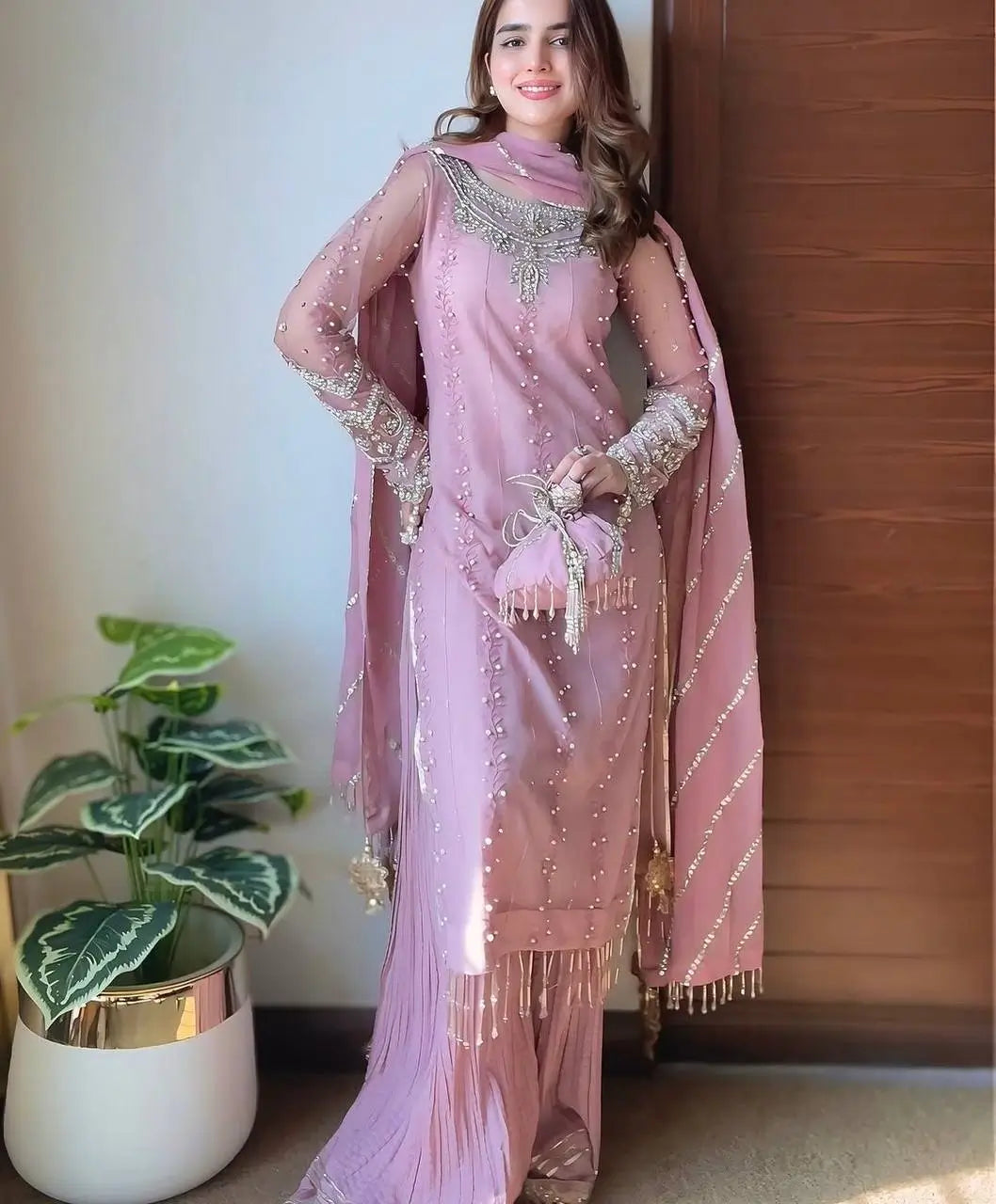 Blush Pink Heavy Faux Georgette Palazzo Set with Sequins & Rivet Moti Work