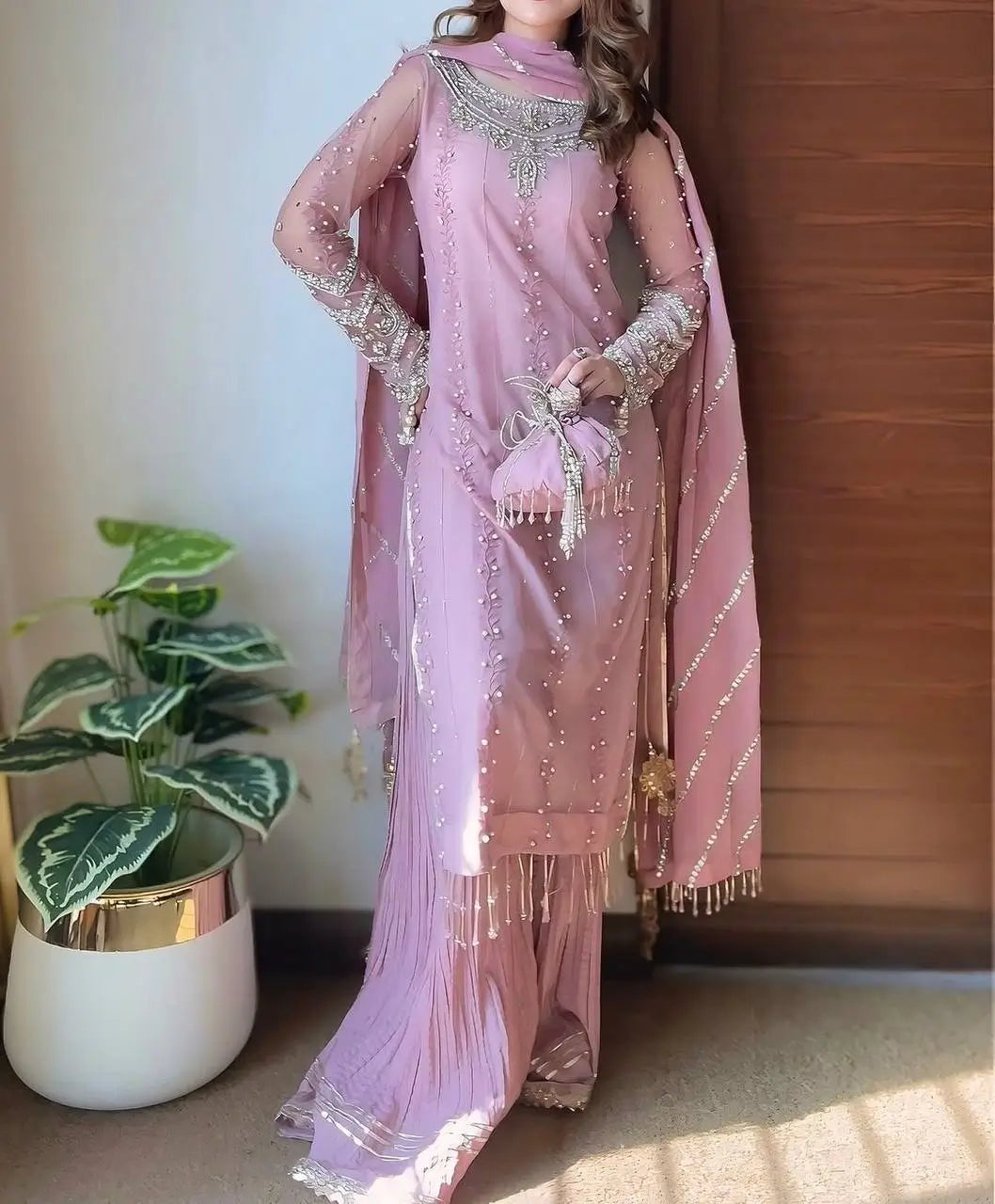 Blush Pink Heavy Faux Georgette Palazzo Set with Sequins & Rivet Moti Work