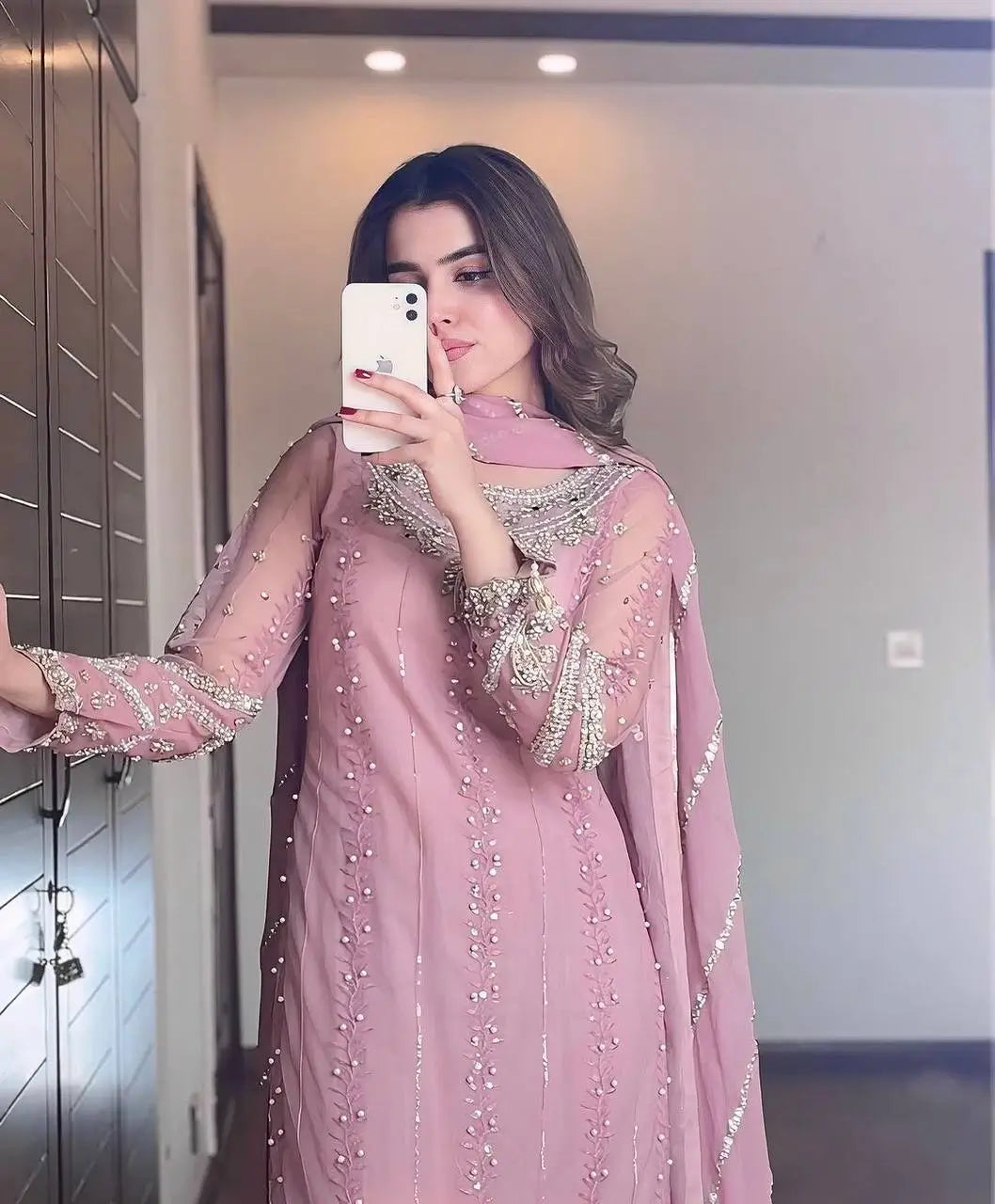 Blush Pink Heavy Faux Georgette Palazzo Set with Sequins & Rivet Moti Work