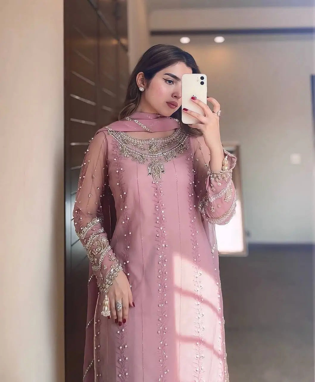 Blush Pink Heavy Faux Georgette Palazzo Set with Sequins & Rivet Moti Work