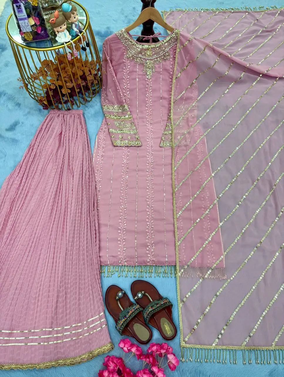 Blush Pink Heavy Faux Georgette Palazzo Set with Sequins & Rivet Moti Work