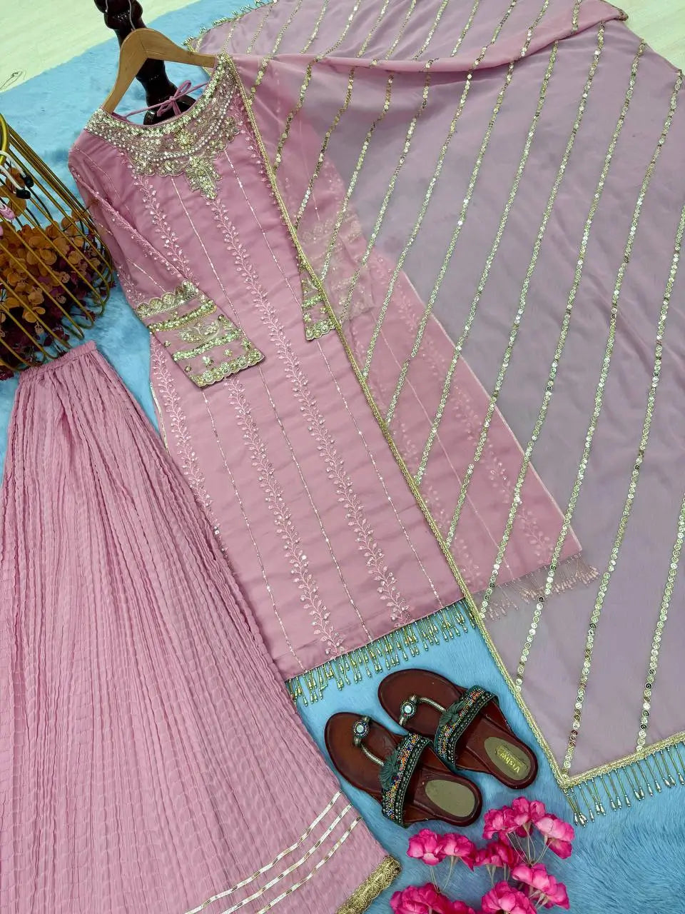 Blush Pink Heavy Faux Georgette Palazzo Set with Sequins & Rivet Moti Work