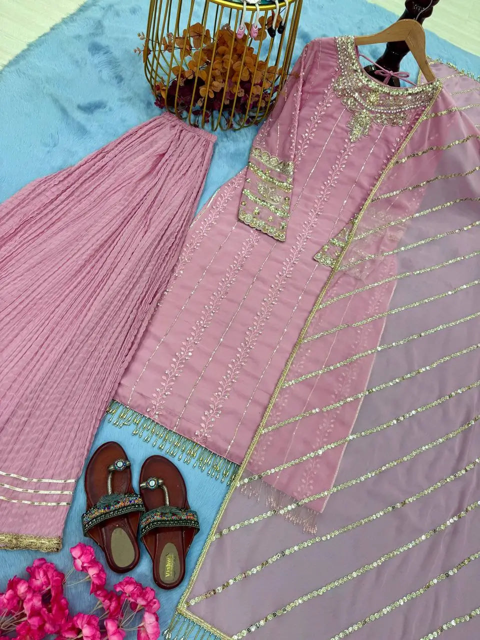 Blush Pink Heavy Faux Georgette Palazzo Set with Sequins & Rivet Moti Work
