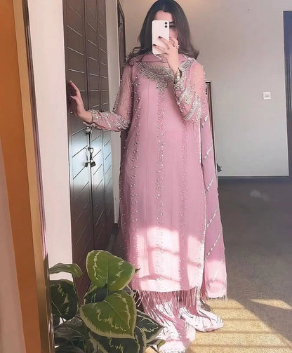Blush Pink Heavy Faux Georgette Palazzo Set with Sequins & Rivet Moti Work