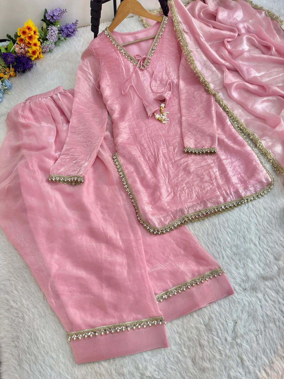 Blush Pink Satin Silk Kurta Salwar Set for Festive and Wedding Wear