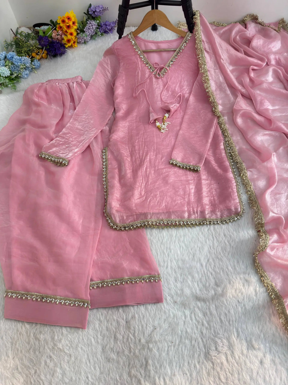 Blush Pink Satin Silk Kurta Salwar Set for Festive and Wedding Wear