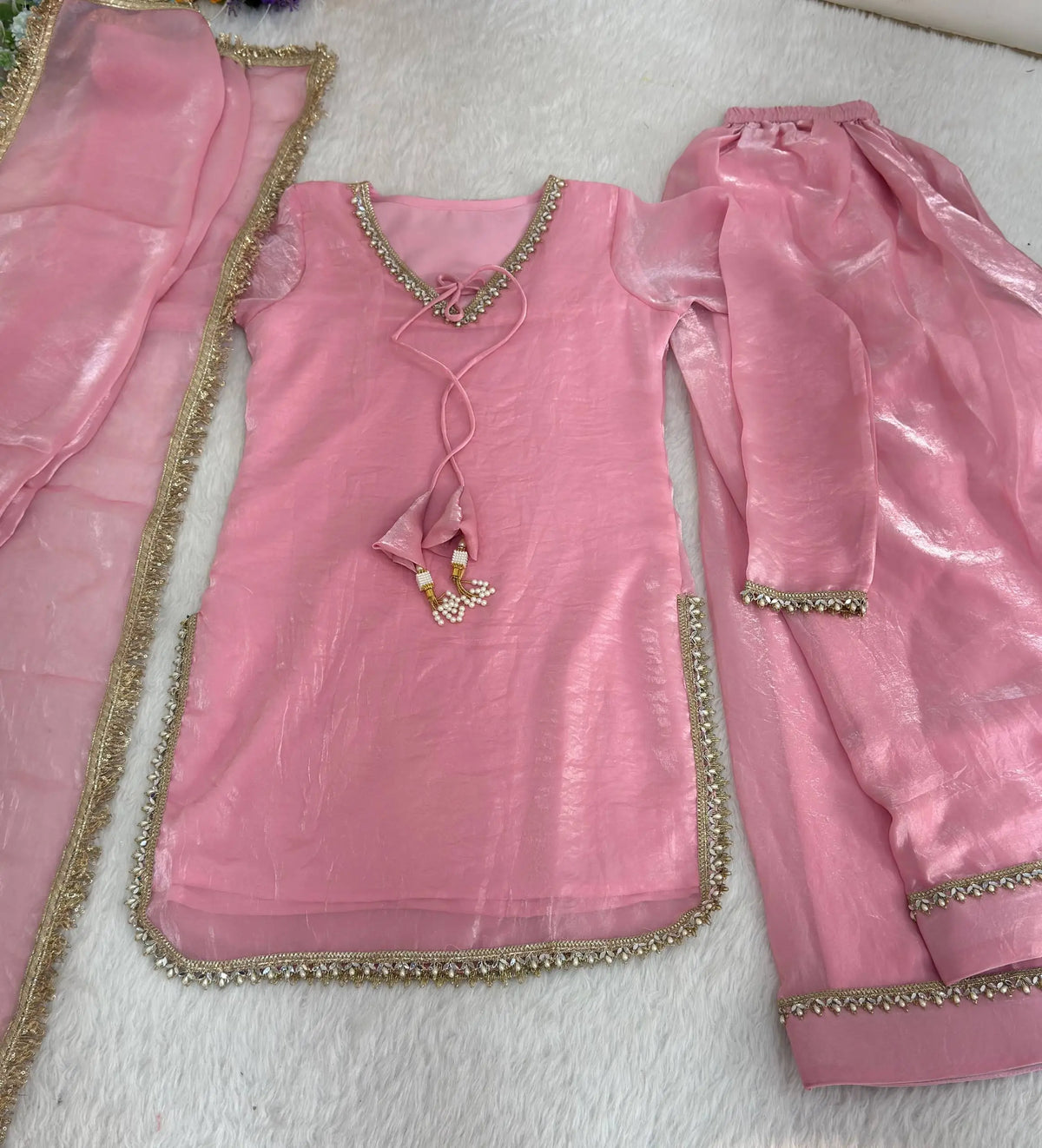 Blush Pink Satin Silk Kurta Salwar Set for Festive and Wedding Wear