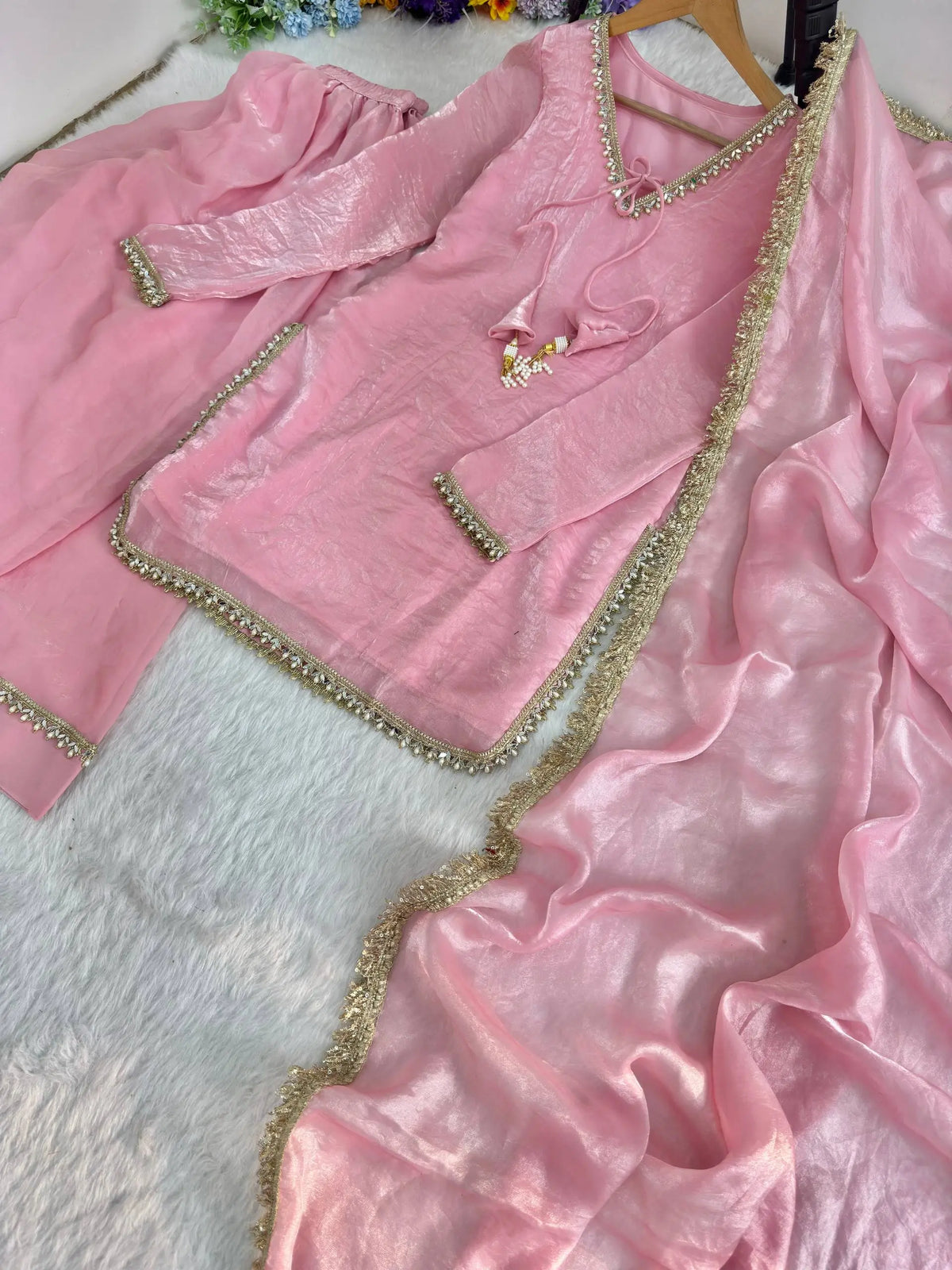 Blush Pink Satin Silk Kurta Salwar Set for Festive and Wedding Wear