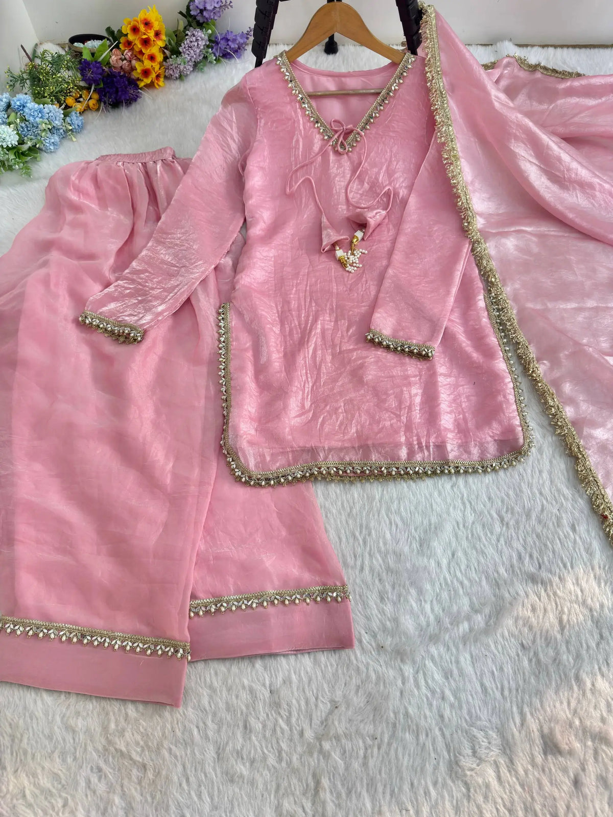 Blush Pink Satin Silk Kurta Salwar Set for Festive and Wedding Wear