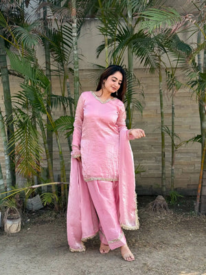 Blush Pink Satin Silk Kurta Salwar Set for Festive and Wedding Wear