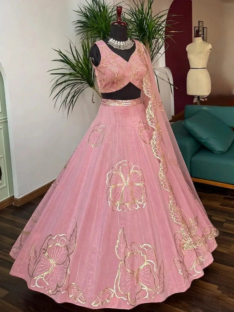Blush Pink Zari Floral Embroidery Lehenga