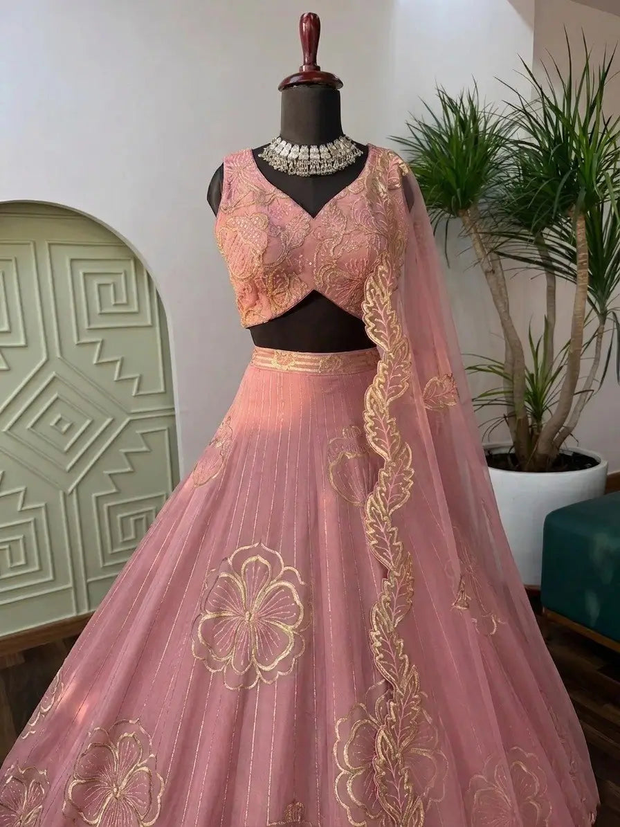 Blush Pink Zari Floral Embroidery Lehenga
