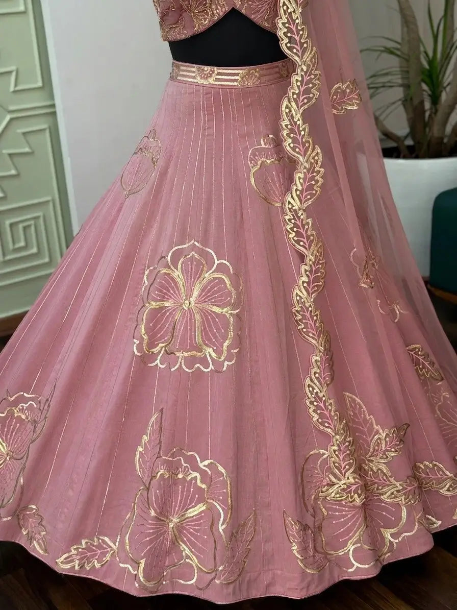 Blush Pink Zari Floral Embroidery Lehenga
