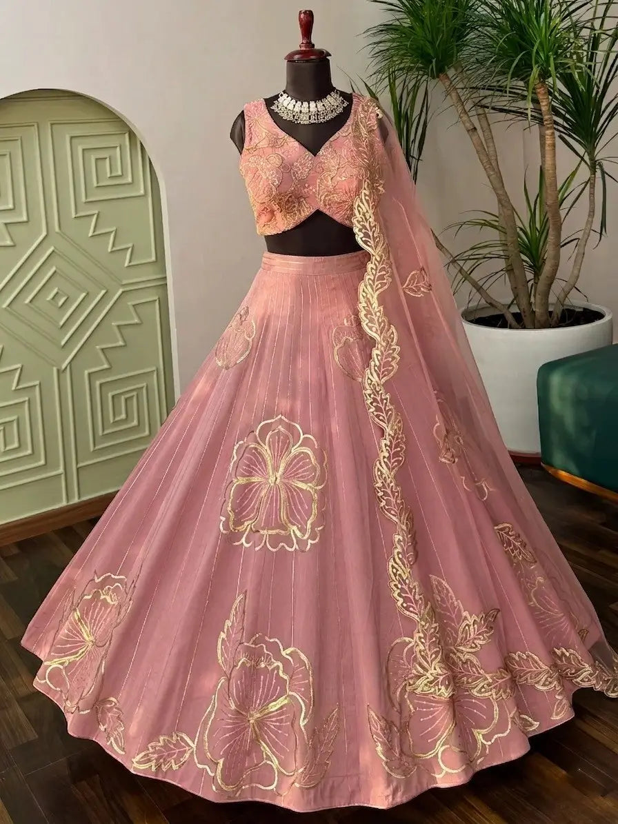 Blush Pink Zari Floral Embroidery Lehenga