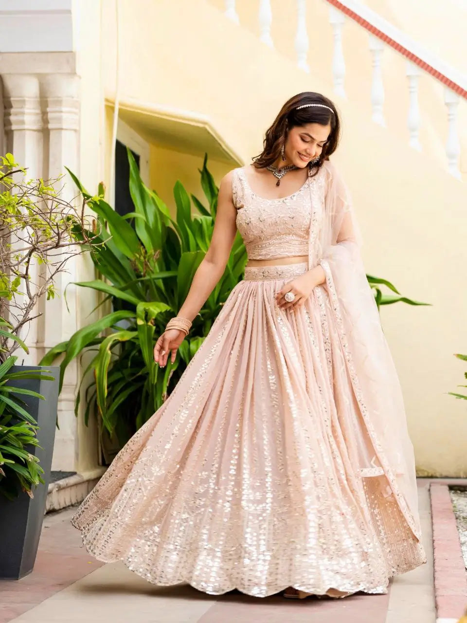 Blush Radiance Faux Georgette Sequin Embroidered Lehenga Set