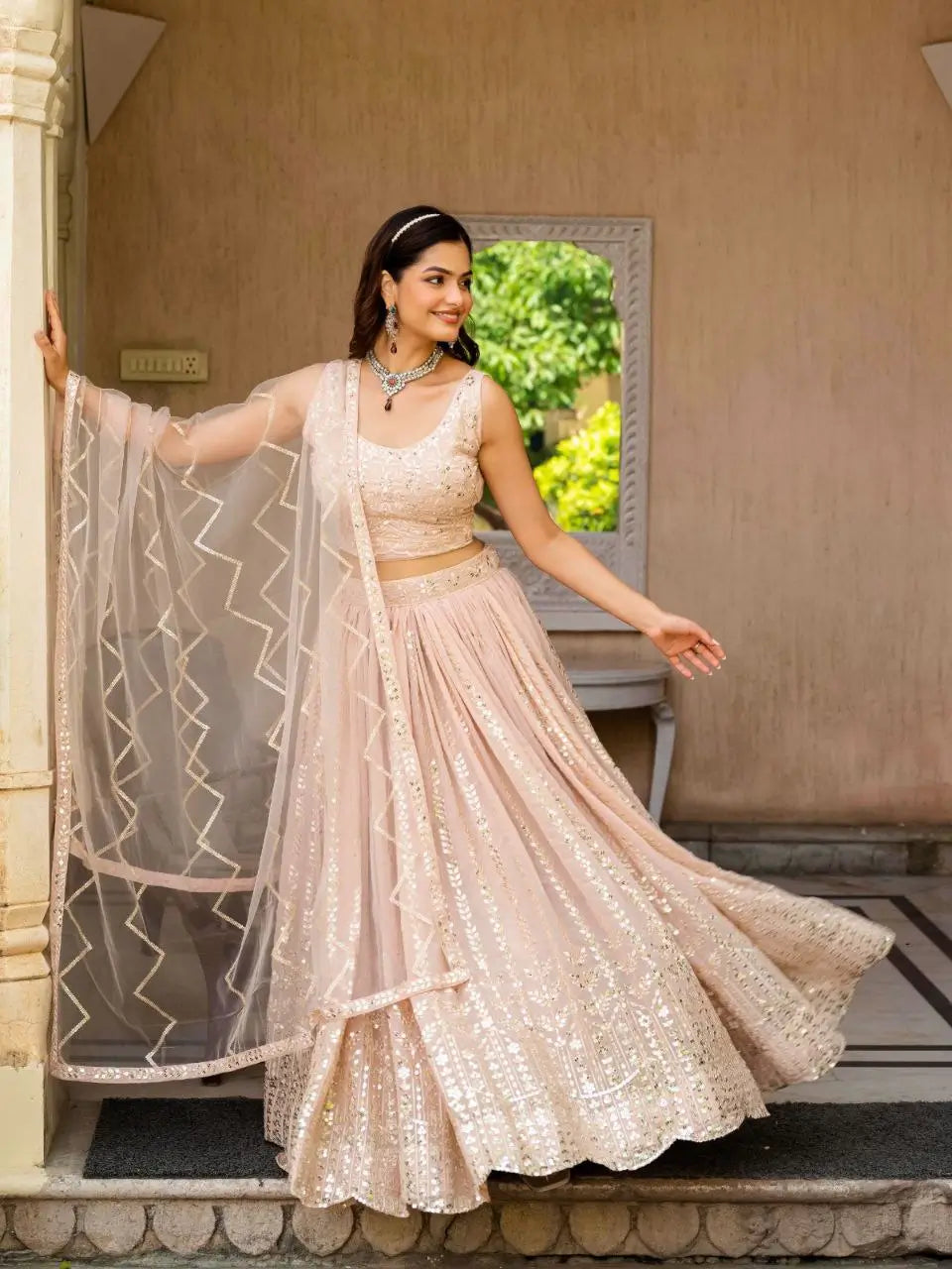 Blush Radiance Faux Georgette Sequin Embroidered Lehenga Set