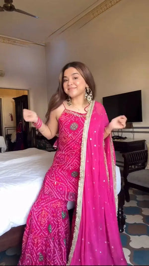 Bottle Green Faux Georgette Digital Print Sharara Suit Set with Fancy Lace Dupatta | Festive Party Wear