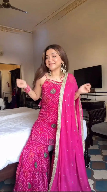 Bottle Green Faux Georgette Digital Print Sharara Suit Set with Fancy Lace Dupatta | Festive Party Wear