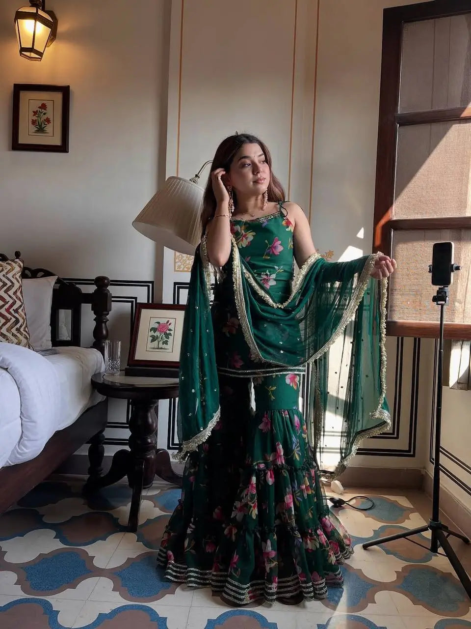 Bottle Green Faux Georgette Digital Print Sharara Suit Set with Fancy Lace Dupatta | Festive Party Wear