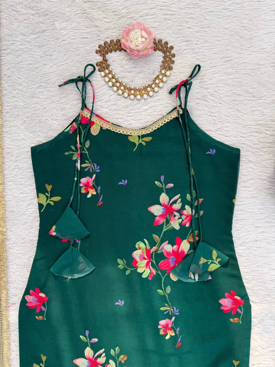 Bottle Green Faux Georgette Digital Print Sharara Suit Set with Fancy Lace Dupatta | Festive Party Wear