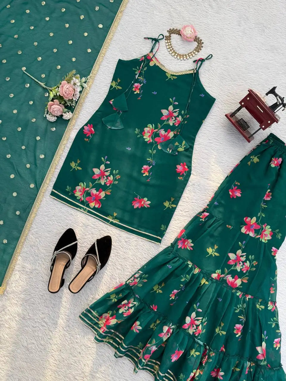 Bottle Green Faux Georgette Digital Print Sharara Suit Set with Fancy Lace Dupatta | Festive Party Wear