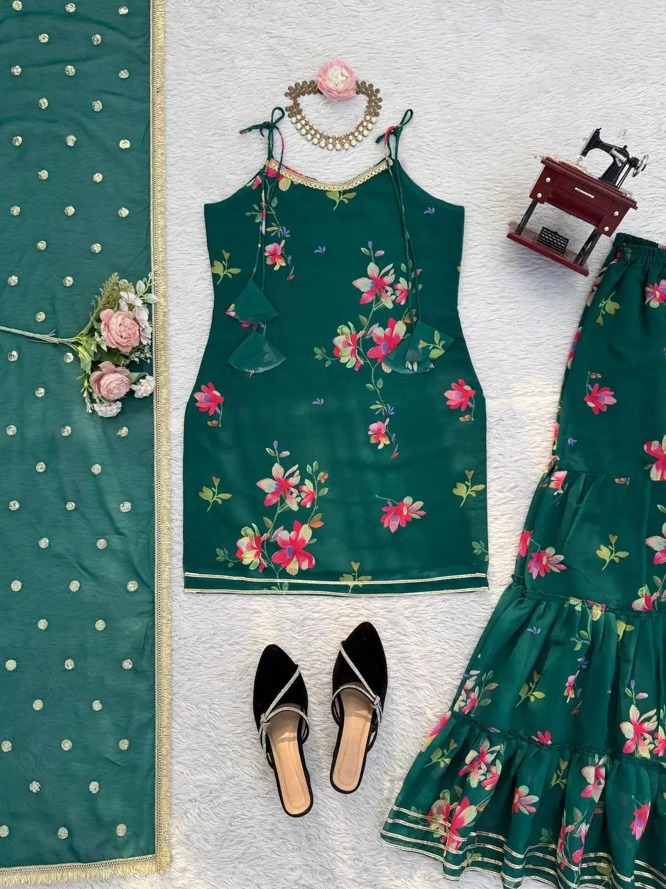 Bottle Green Faux Georgette Digital Print Sharara Suit Set with Fancy Lace Dupatta | Festive Party Wear