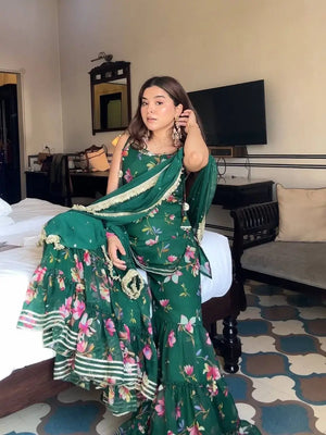 Bottle Green Faux Georgette Digital Print Sharara Suit Set with Fancy Lace Dupatta | Festive Party Wear