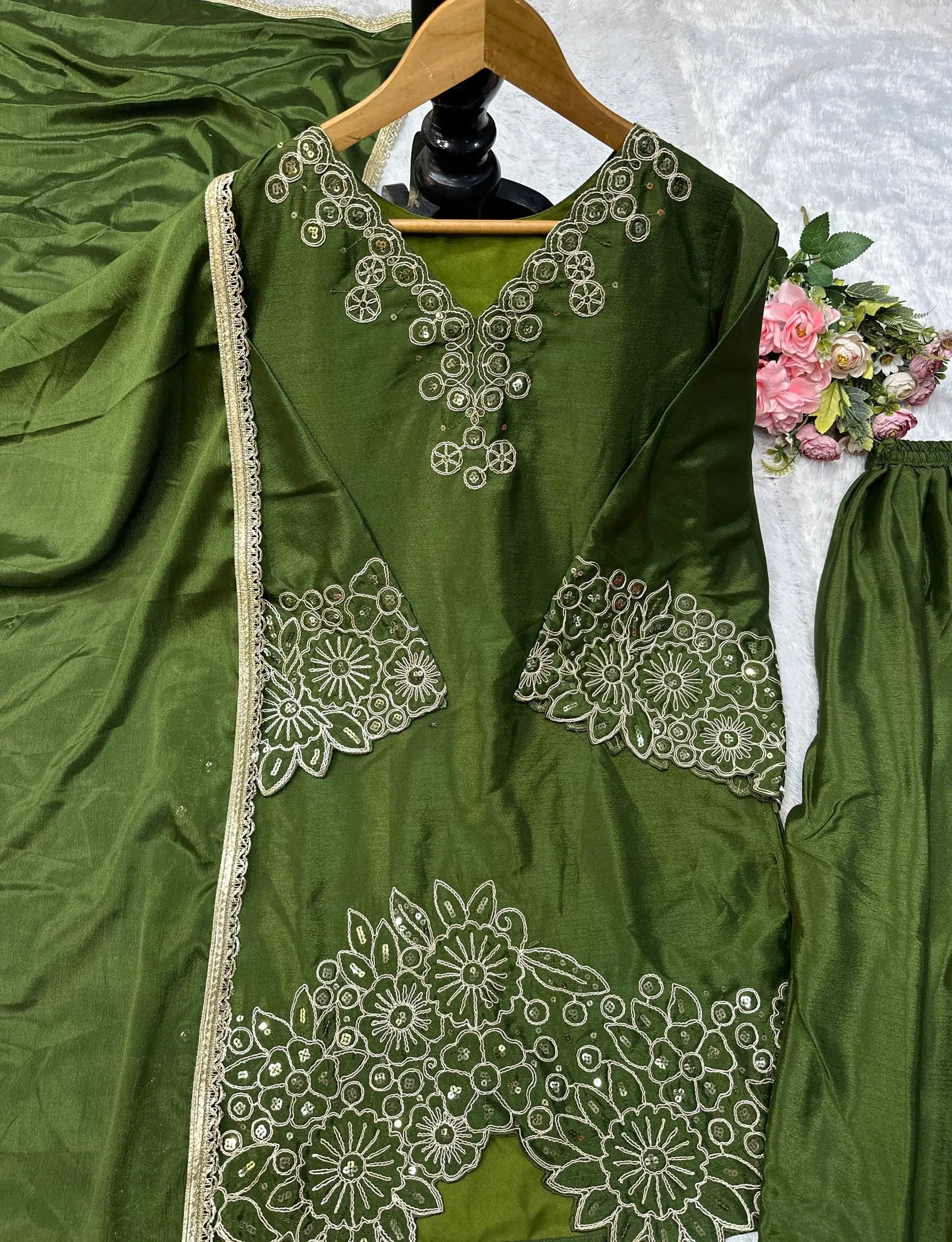 Bottle Green Heavy Chinon Silk Embroidered Kurta Sharara Set with Lace Dupatta | Festive Party Wear